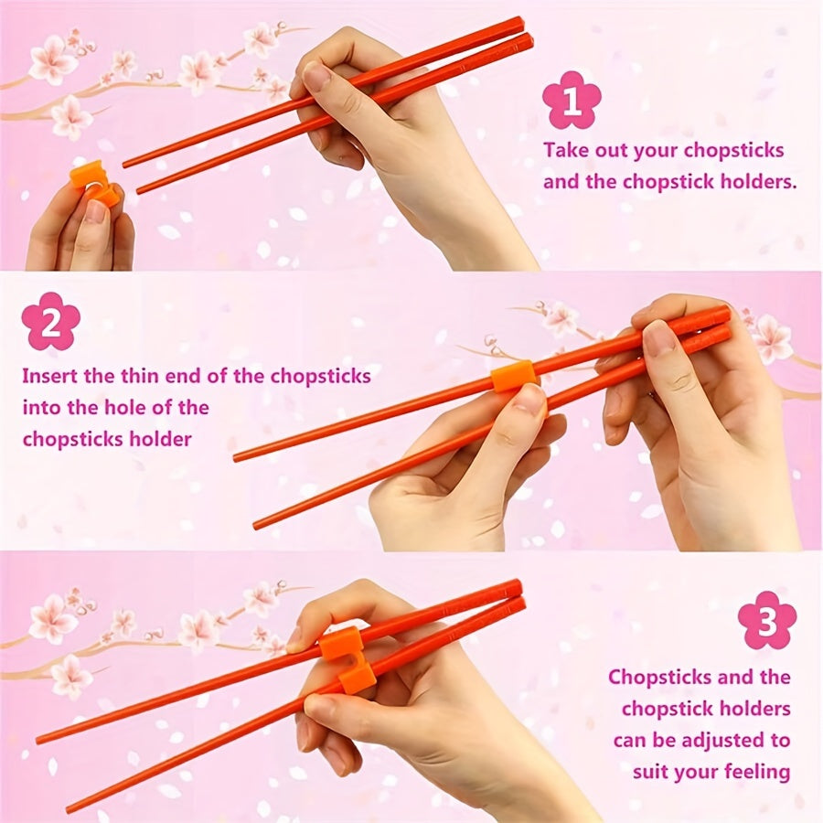 Set of 4 chopstick grip aids with interchangeable plastic connectors, ideal for adults, beginners, and learners. Dishwasher safe. Chopsticks not included.