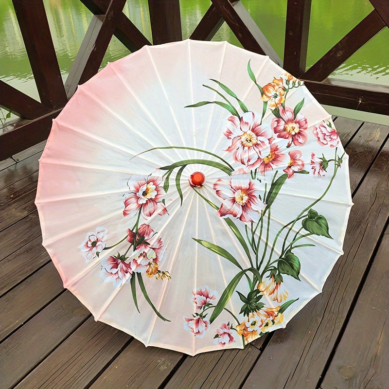 Chinese Flowers Parasol Umbrella with Cherry Blossom Sakura Floral Bamboo Handle for Sun and Rain Protection, Ideal for Weddings and Parties.