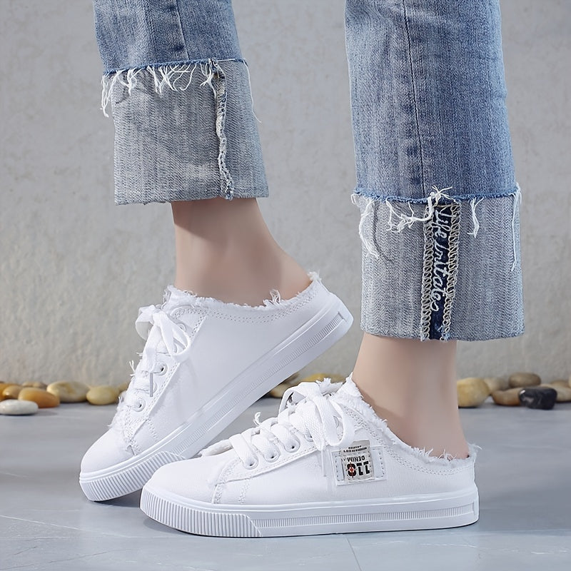 Fashionable solid color platform canvas shoes with a round toe, lace-up design, and breathable slip-on feature, ideal for casual summer wear.