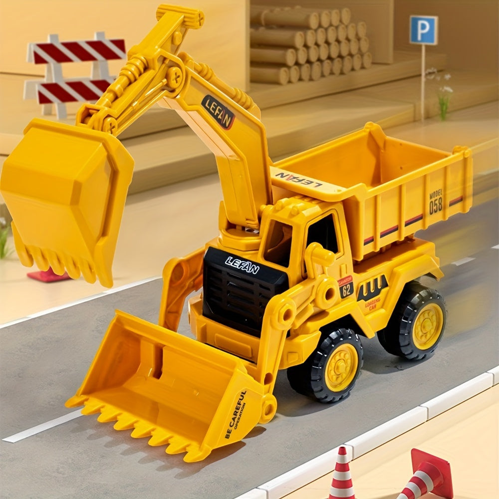 A versatile construction playset featuring an excavator, pusher, and tipper - perfect for young ones. Made from durable plastic and produced in China, this makes an ideal gift.