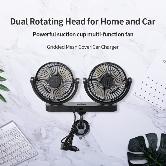 Portable Fan with Dual Rotating Heads, Aromatherapy Cover, USB Powered, 3-Speed Adjustable, Strong Airflow, Quiet Brushless Motor, Multi-Angle Rotation, Gridded Mesh Cover, ABS Material, Indoor/Outdoor Use, Compatible with Various Car Models.