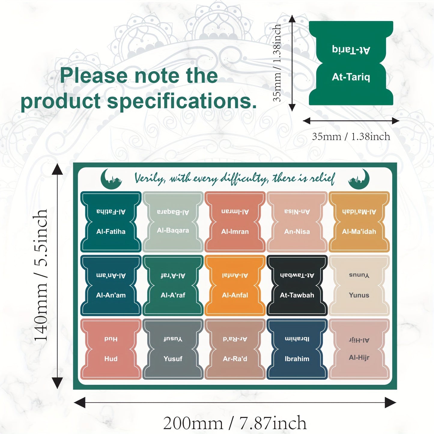 Self-adhesive Quran index tabs with 114 chapters, 6 blank tabs, tear-resistant, easy navigation, clearly printed, 8 sheets set.