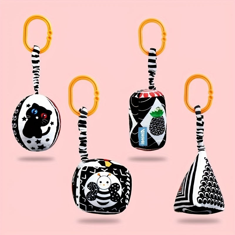 Geometric-shaped black and white hanging toys for babies, designed for early education and visual stimulation. Perfect for attaching to strollers, car seats, or hanging over baby's bed.