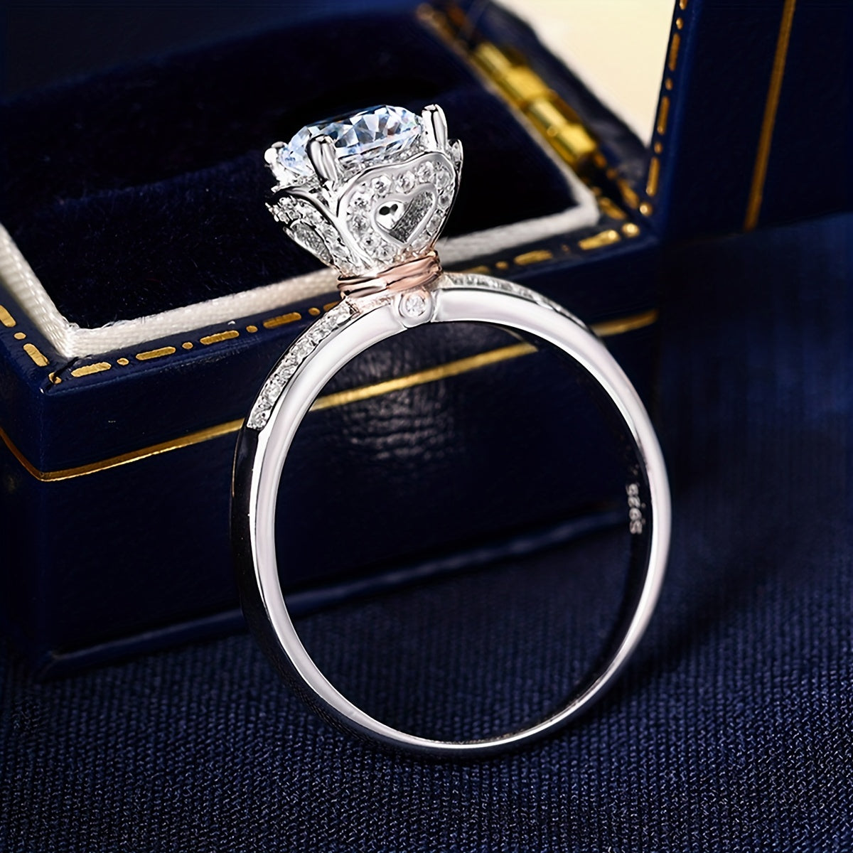 Luxurious wedding proposal ring featuring a stunning flower design crafted from 925 silver and set with moissanite gemstones. Includes a moissanite certificate and elegant packaging box.