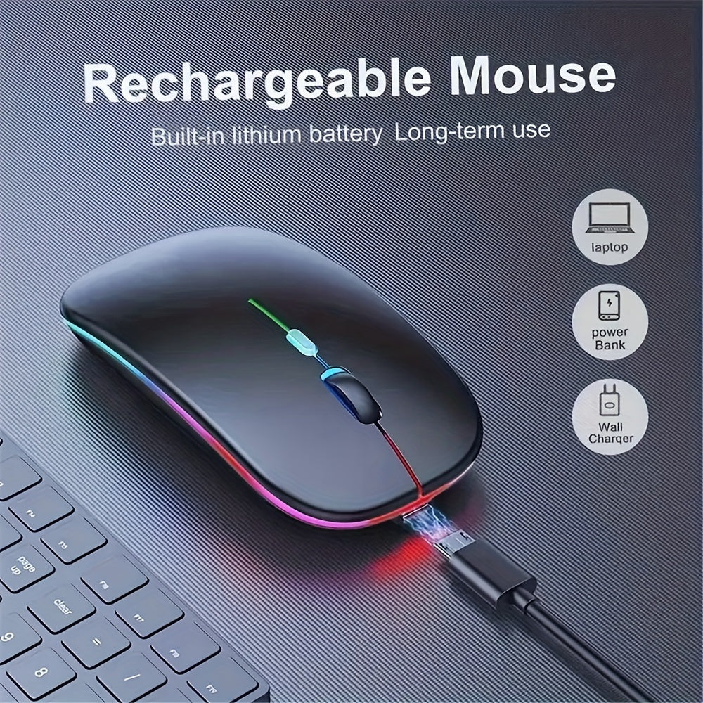 Rechargeable wireless gaming mouse with LED backlight, dual-mode 2.4G/5.2, slim design for laptops and desktops.