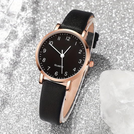 Elegant set of 6 quartz women's wristwatches with round alloy case, chic black dial, faux leather band, and butterfly jewelry. Perfect for gifts and all occasions.