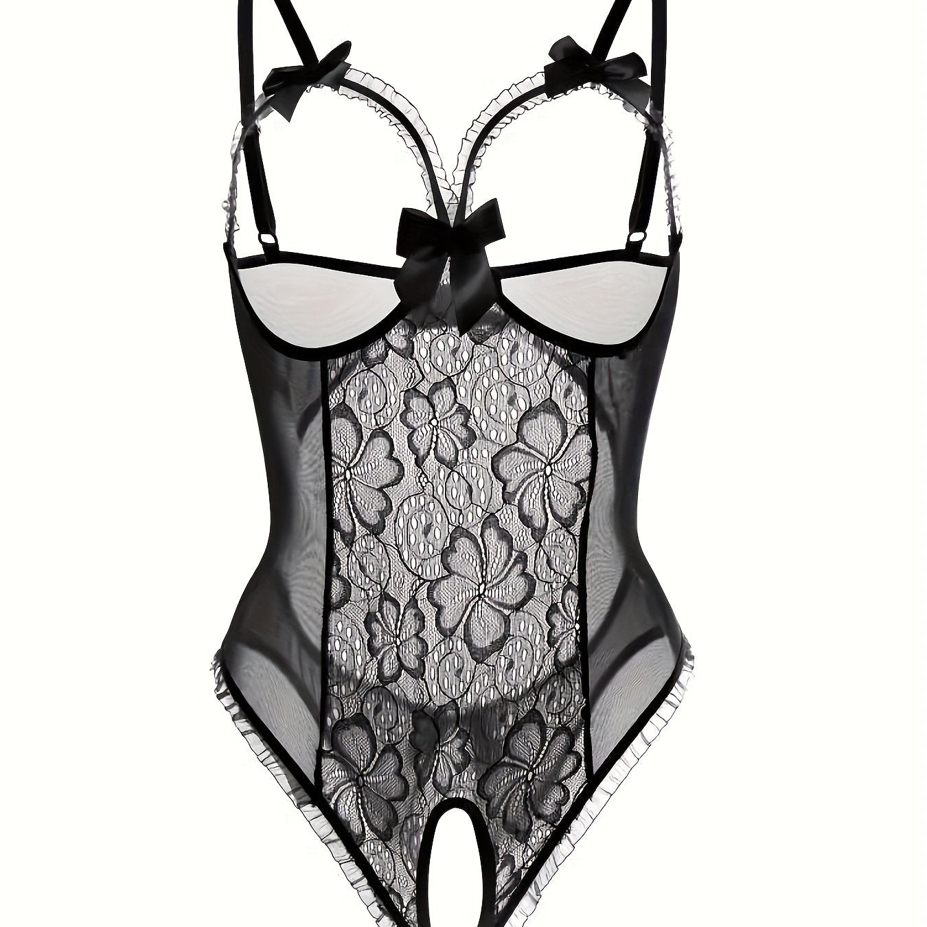 Floral lace teddy with open bust and open crotch, ruffle bodysuit lingerie for women.