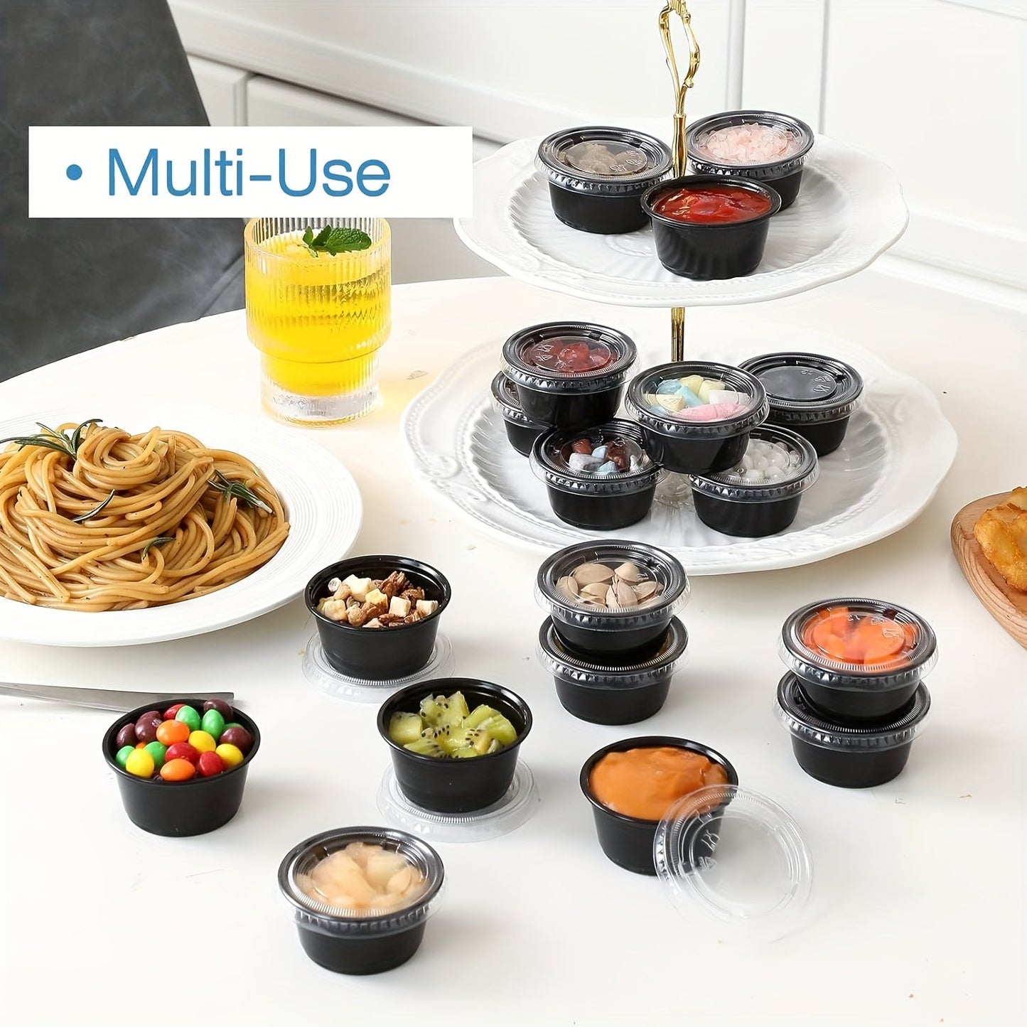 100 pieces of black plastic portion cups, available in 1/2, 3.25, 4, and 5.5-ounce sizes. Perfect for jello shots, small plastic containers with lids are airtight and can also be used for salad dressing, dipping sauces, and condiments. Ideal for lunches