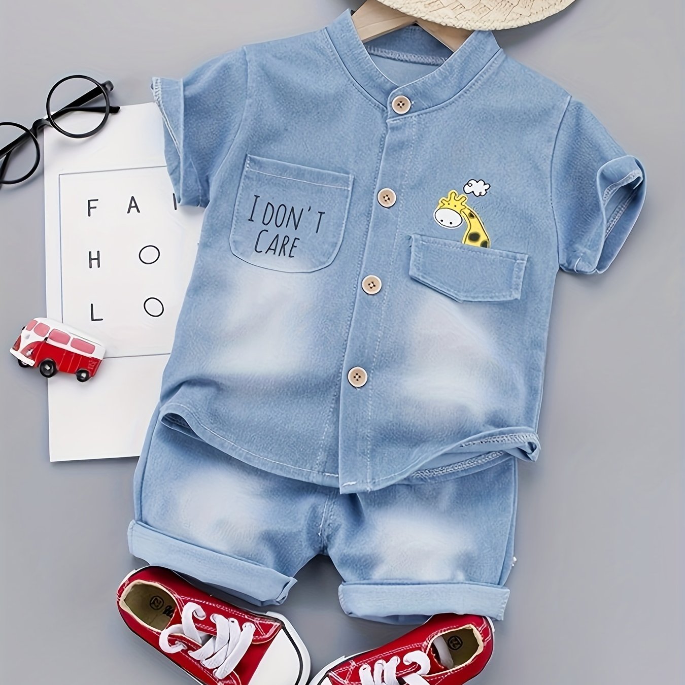 Baby boys' cute cartoon denim outfit for summer parties.