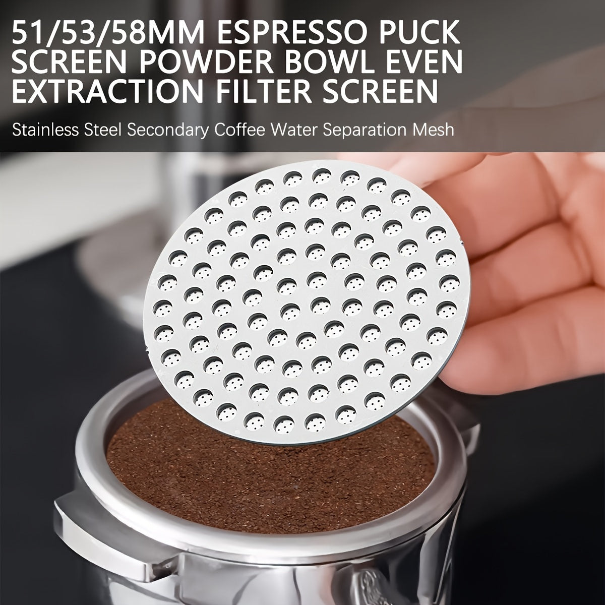 Espresso Tamper Distributor made of Stainless Steel, featuring Dual Layer Etching for Barista Coffee Filter Screen. Includes Food Grade Mesh Sifter and is an Espresso Machine Accessory that operates without Electricity.