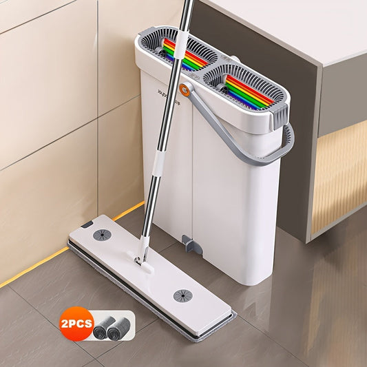 Get a Sewage Separation Hands-free Mop Set with Bucket, 2 Mop Pads included! This Flexible Rotating Flat Floor Mop makes cleaning easy and efficient. It separates dust, hair, and sewage, and can be used wet or dry on any floor type. The perfect Lazy