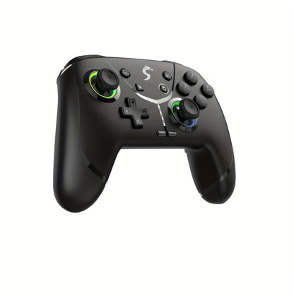 Versatile wireless game controller with vibrant RGB lights, dual motors, 6-axis gyro, customizable buttons, long-lasting battery, ergonomic design, durable build.