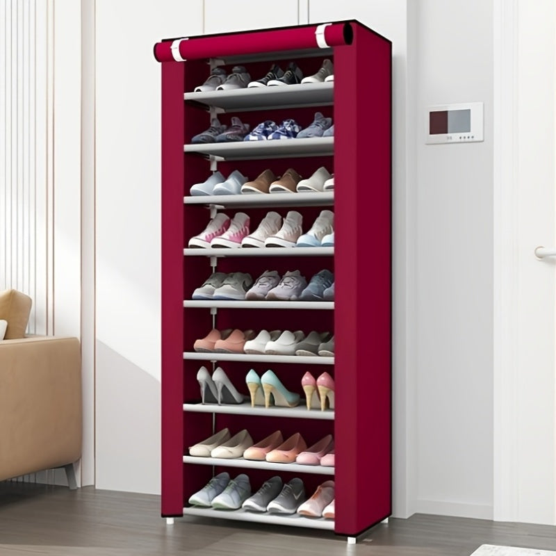 Durable 10-tier shoe rack with 9 compartments made of steel frame and dustproof fabric lining for organizing shoes and slippers. Perfect shoe storage solution for living room.