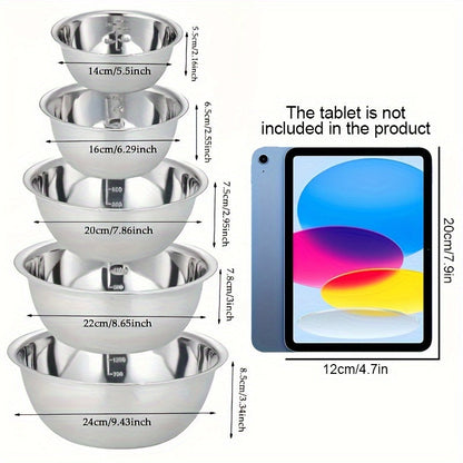 Set of 5 Stainless Steel Mixing Bowls with Measurements - Features Mirror Finish, Dishwasher Safe, and Deep Sides for Salad and Kitchen Applications