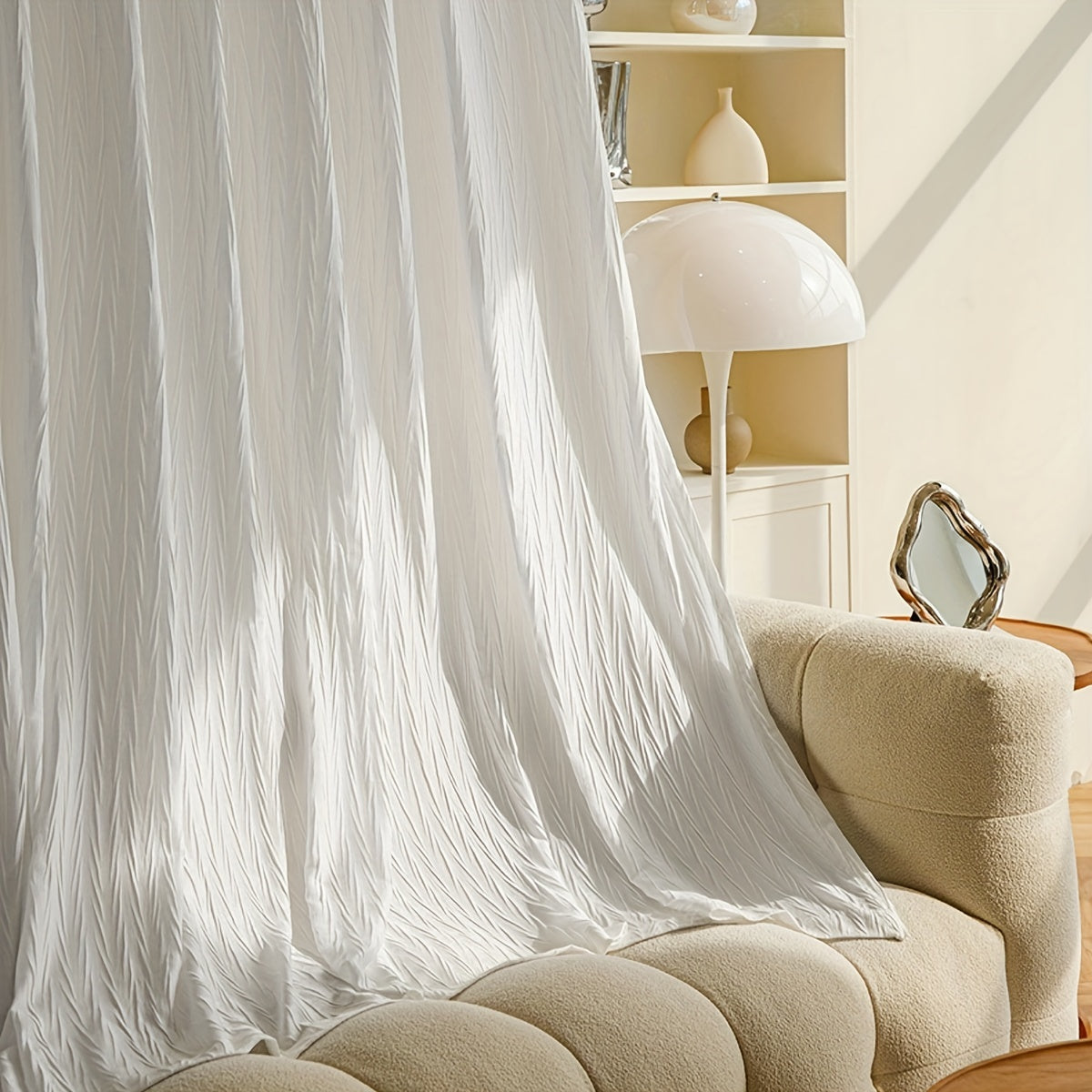 Elegant white sheer curtain with rod pocket, perfect for adding a touch of sophistication to your living room or bedroom décor.