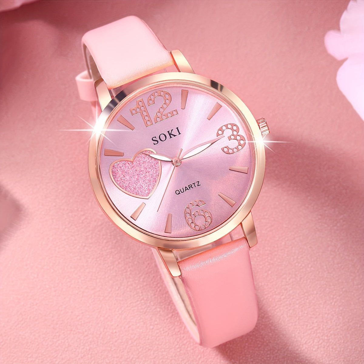 1pc Ladies Fashion Casual Round Digital Quartz Faux Leather Wrist Watch with 4pcs Heart Jewelry Set for Women