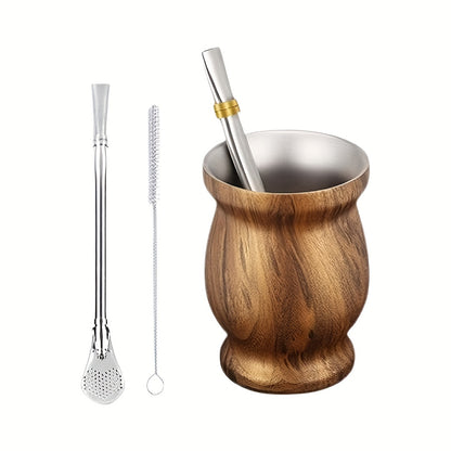 8oz Stainless Steel Yerba Mate Gourd Cup Set with Wooden Handle - Double-Walled Insulation, Includes Straw & Cleaning Brush, Dishwasher Safe, BPA-Free, Perfect for Argentinean Tea Lovers