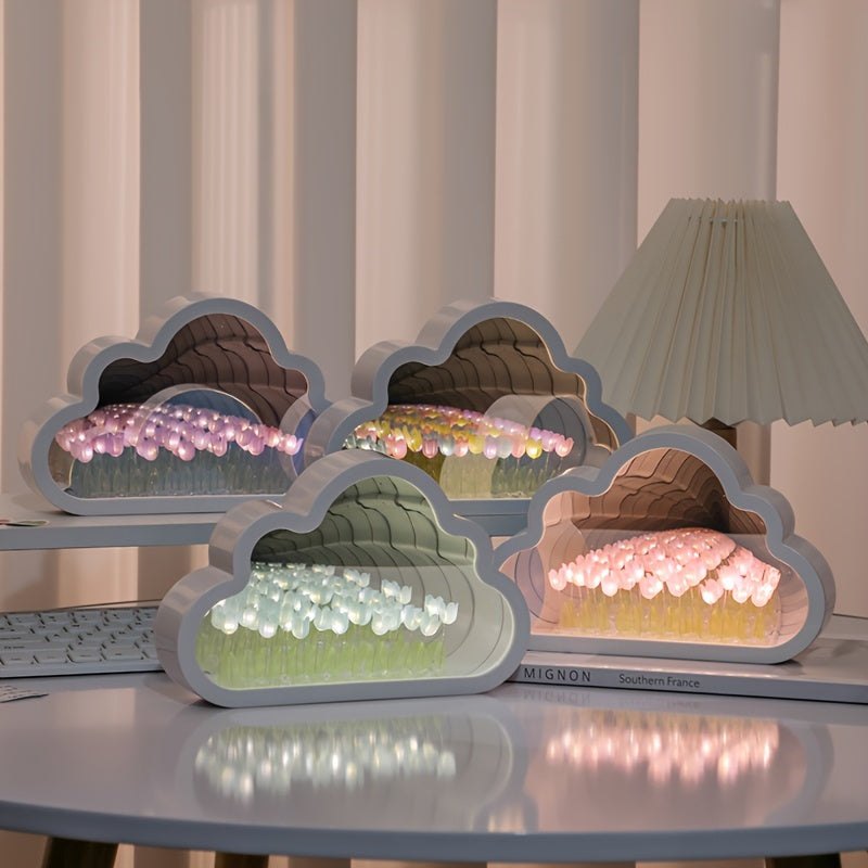 Artistic tulip cloud LED night light with mirror sea effect, handcrafted for cozy bedroom ambiance.