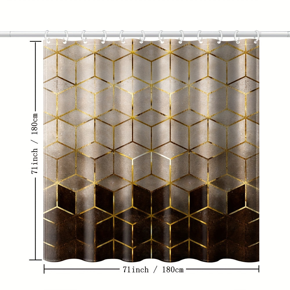 Brown gradient shower curtain with honeycomb plaid print, hooks included. Waterproof fabric for bathroom decor.