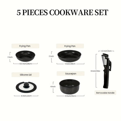 5-piece Cookware Set with Removable Handles, Non-Stick Coating, Made of Aluminum, Suitable for All Stove Types, Including Induction, Oven Safe Pot and Pan Set