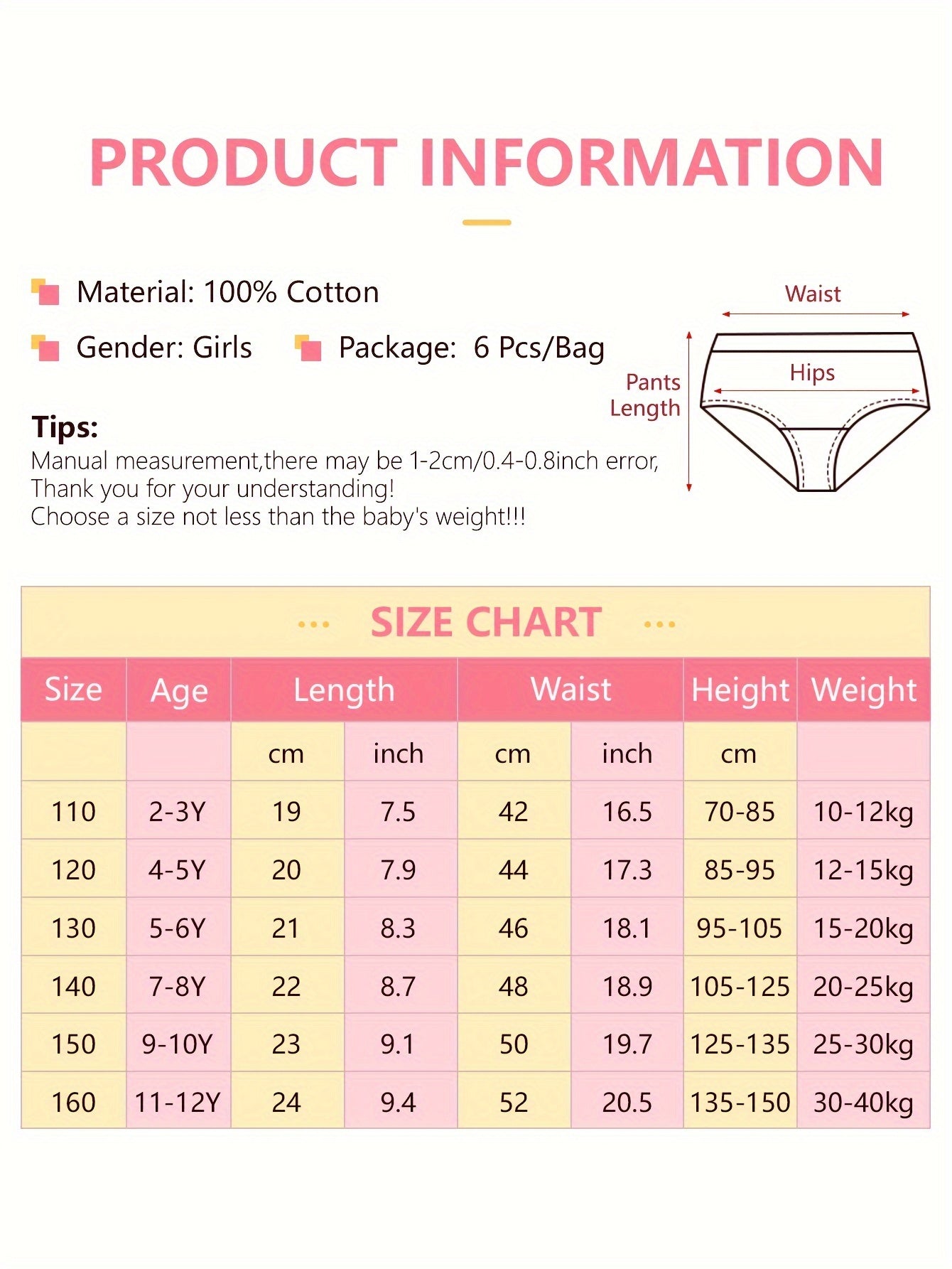 6 pieces of girls' cotton brief panties with floral print in bright pink colors, soft, comfy, breathable lace triangle underpants, perfect gift for daughter or granddaughter.