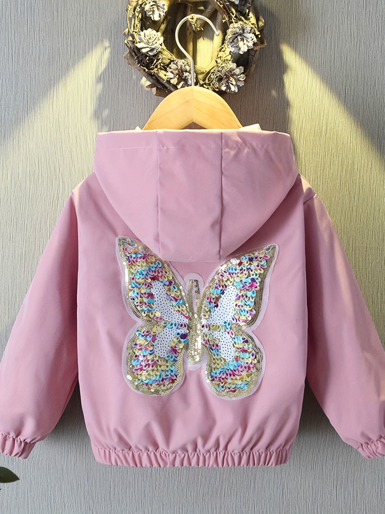 Stunning butterfly hooded jacket with sequins, perfect for casual wear in spring and fall.