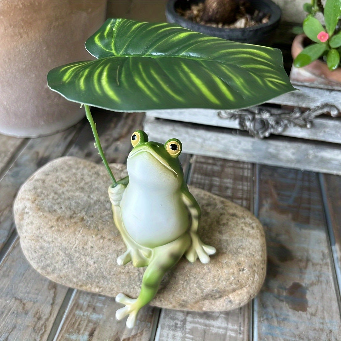 Ideal for fish ponds, aquariums, and home décor - Resin Frog with Leaf Umbrella.