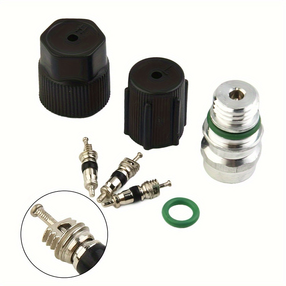 Kit includes 7 pieces of AC system caps and valve cores, designed for vehicle air conditioning maintenance with R134a refrigerant.