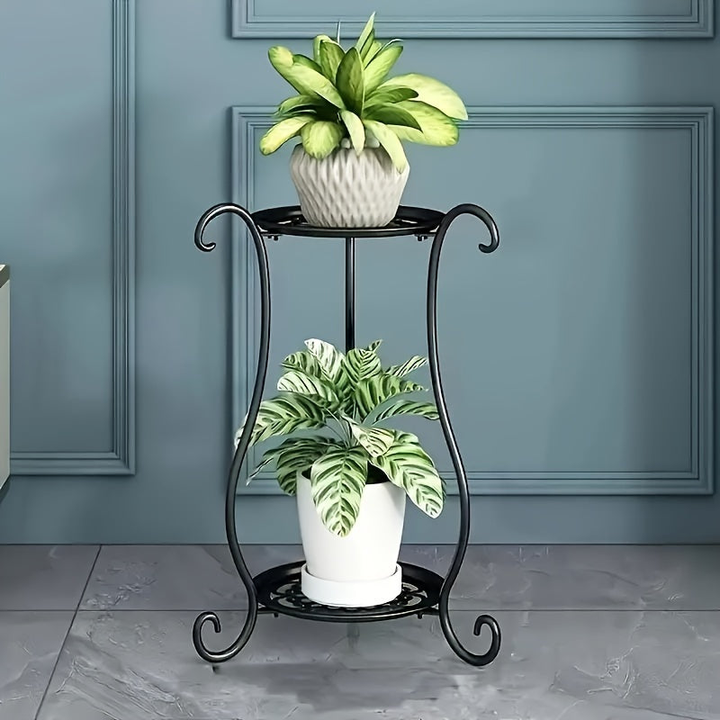 Elegant double-tier metal stand with hanging decorative container for home and garden decor. Durable and lightweight, suitable for indoor and outdoor use.