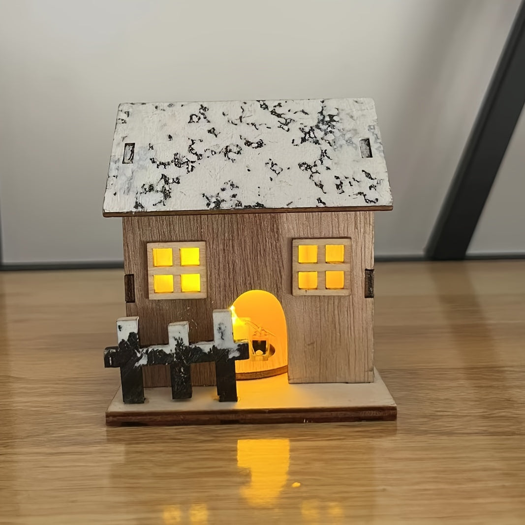 1pc Wooden House Ornaments for Christmas, Luminous LED Tabletop Decor