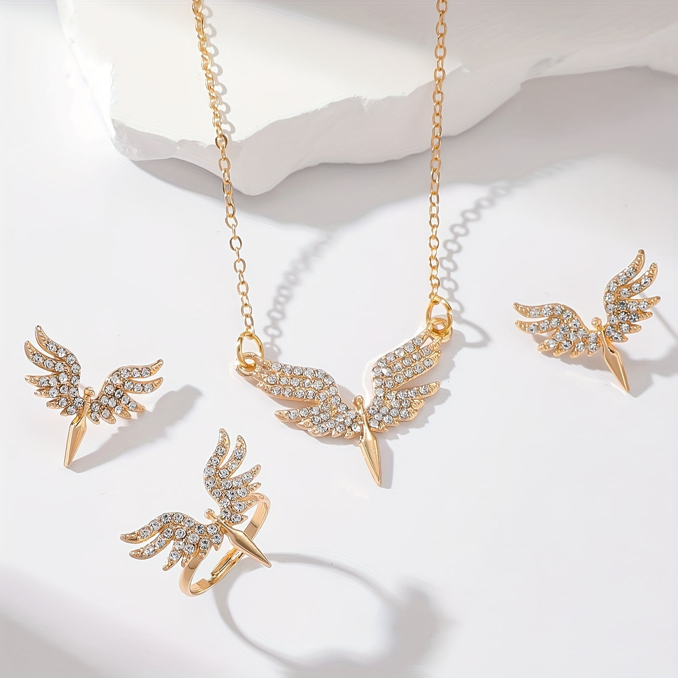 Women's Angel Wing Jewelry Set in Golden Tone with Black Accents - Includes Necklace, Earrings, Ring - Suitable for all occasions, great gift for Mom or friend.