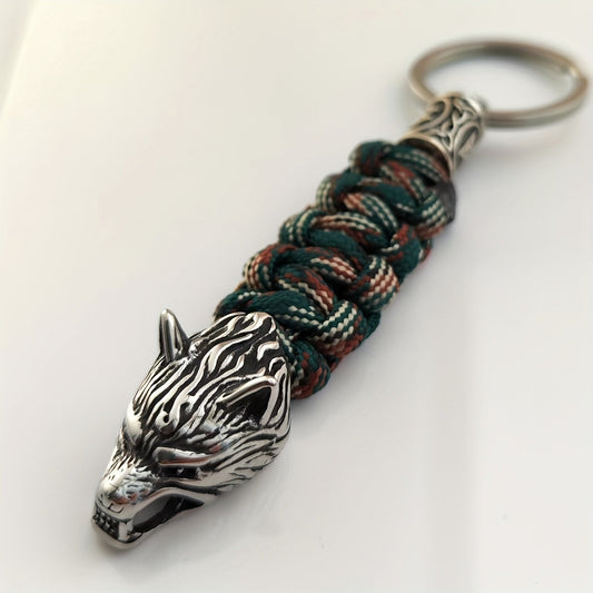 Men's Fashion Accessory: Viking Wolf Head Keychain in Stainless Steel - Hand-Woven Polyester, Sporty and Stylish Key Chain