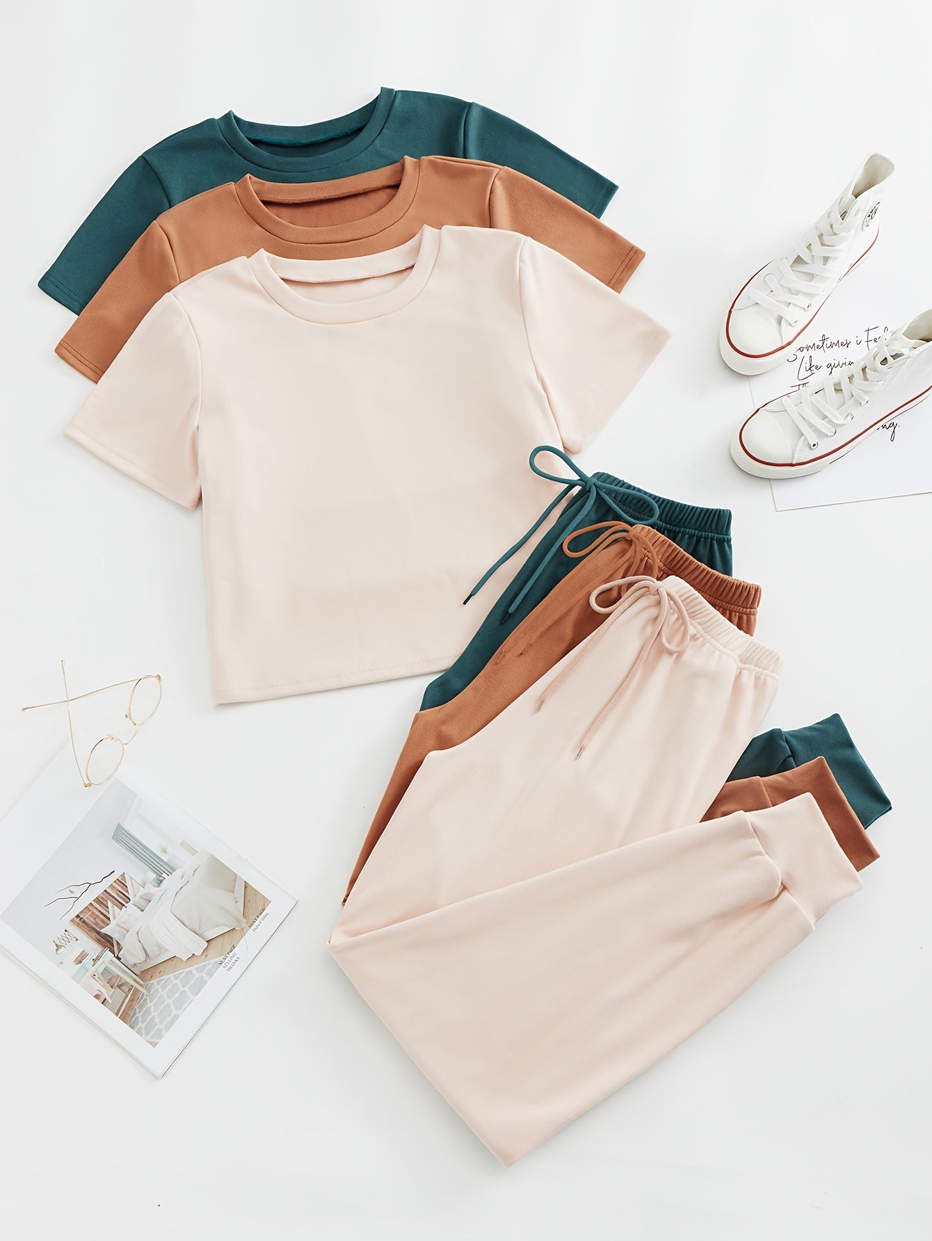 3-piece Lounge Set with Crew Neck Top and Lace Up Pants for Women