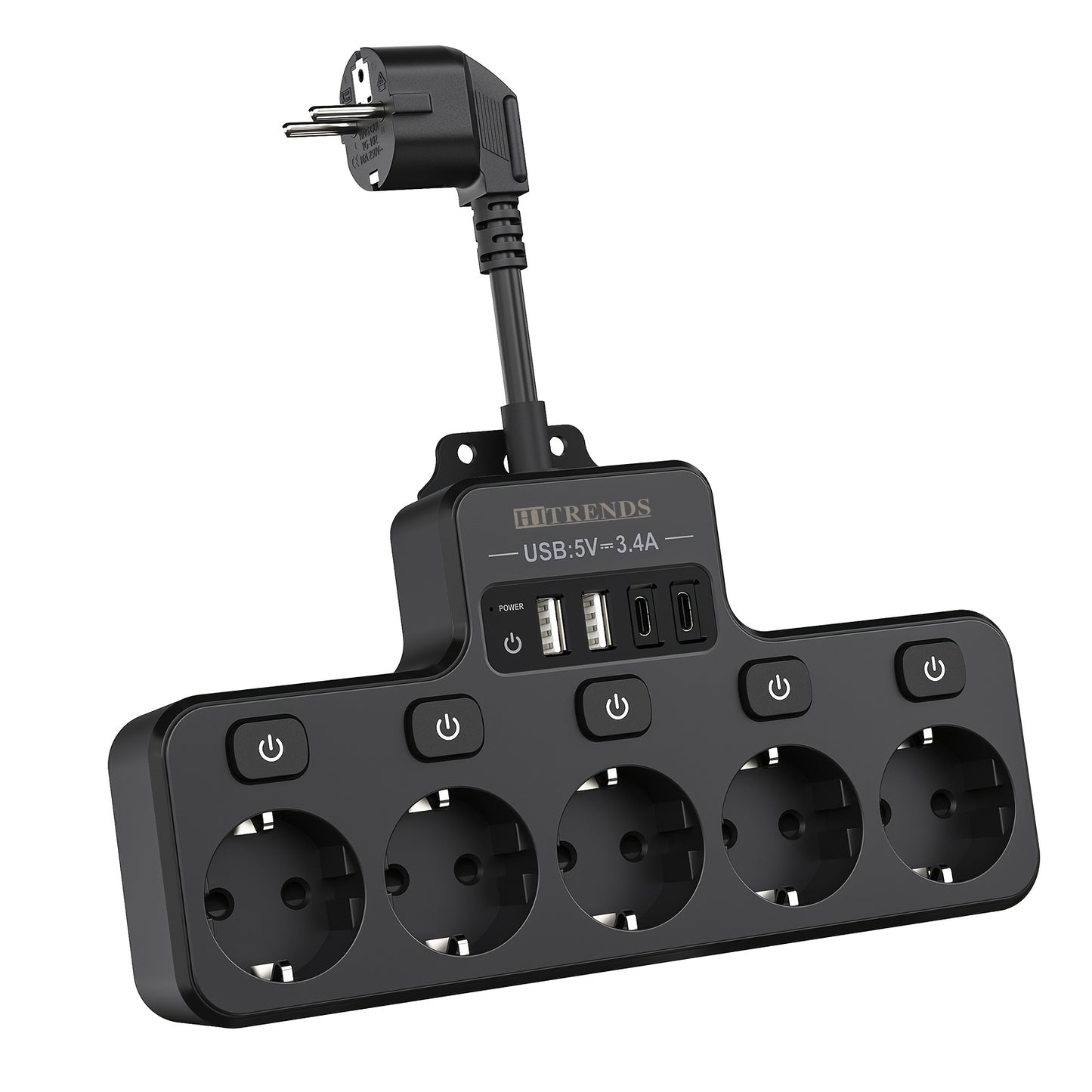 Power strip with 5 EU sockets, 2 USB-A ports, and 2 USB-C ports, smart charging, individual switch, flexible cable, wall-mounted for home, office, dorm use.