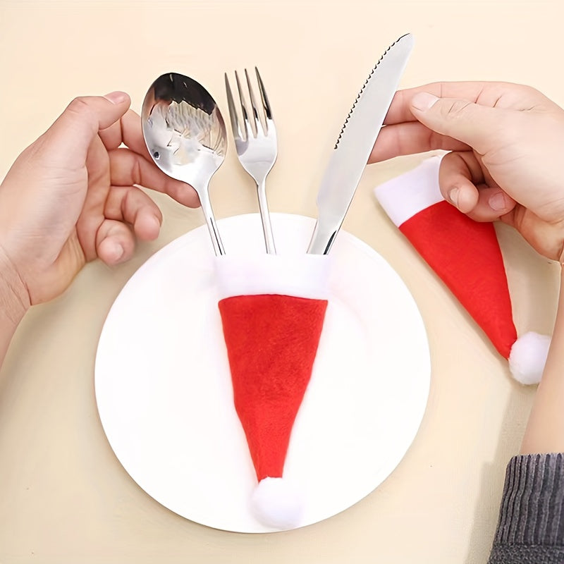 12-Piece Christmas Table Decoration Set includes Chambray Santa Hat Cutlery Holders and Bottle Toppers, Mini Santa Hats for Festive Party Table Décor, Feather-Free, No Electricity Needed Holiday Ornaments.