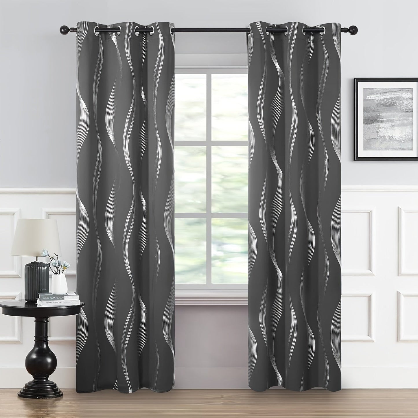 Two pieces of contemporary blackout curtains made from high-quality woven polyester, featuring a grommet top design for easy hanging. These room darkening drapes are machine washable and showcase a fantasy stripe pattern with eyelet detailing. Suitable