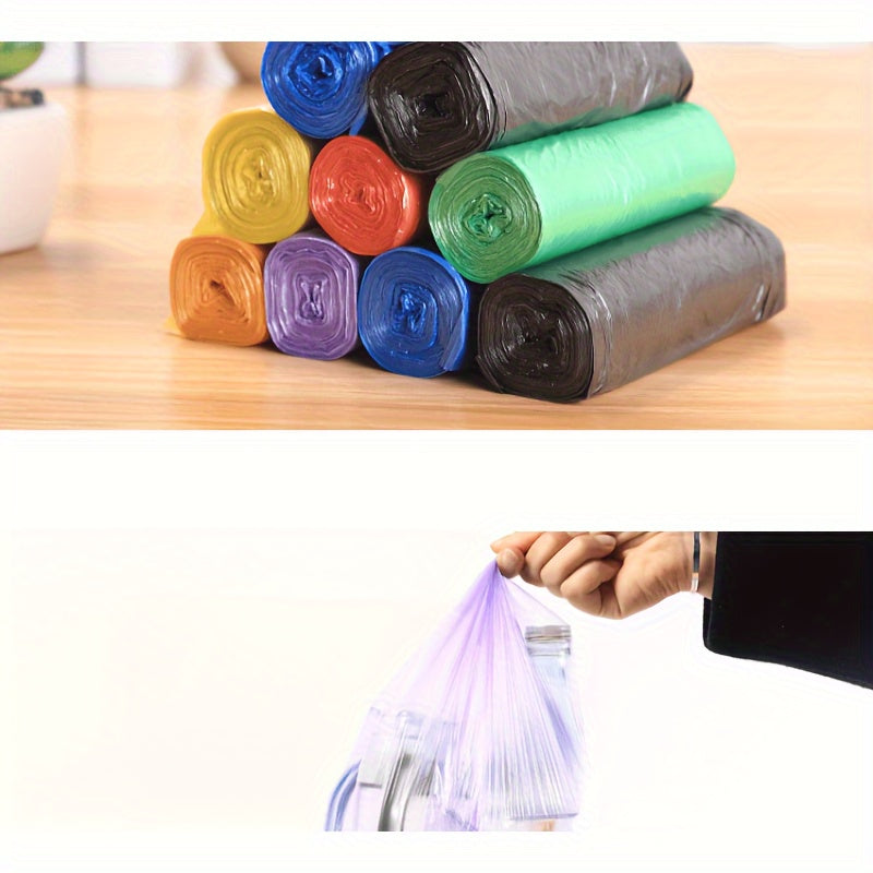 100 colorful disposable trash bags in 5 rolls for home, office, kitchen, bedroom, and bathroom cleaning.