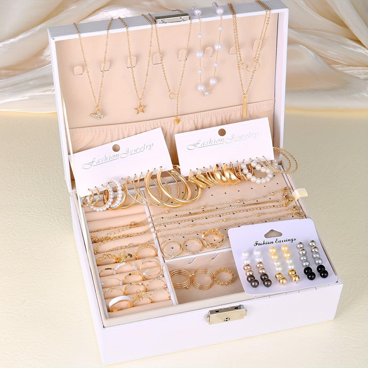 Elegant 91/114-piece Jewelry Collection for Women - Stylish & Minimalist Design featuring Faux Pearls and Rhinestone Details - Set includes Earrings, Rings, Necklaces, and Bracelets - Ideal for Everyday Wear, Special Events, and Celebrations - Packaging