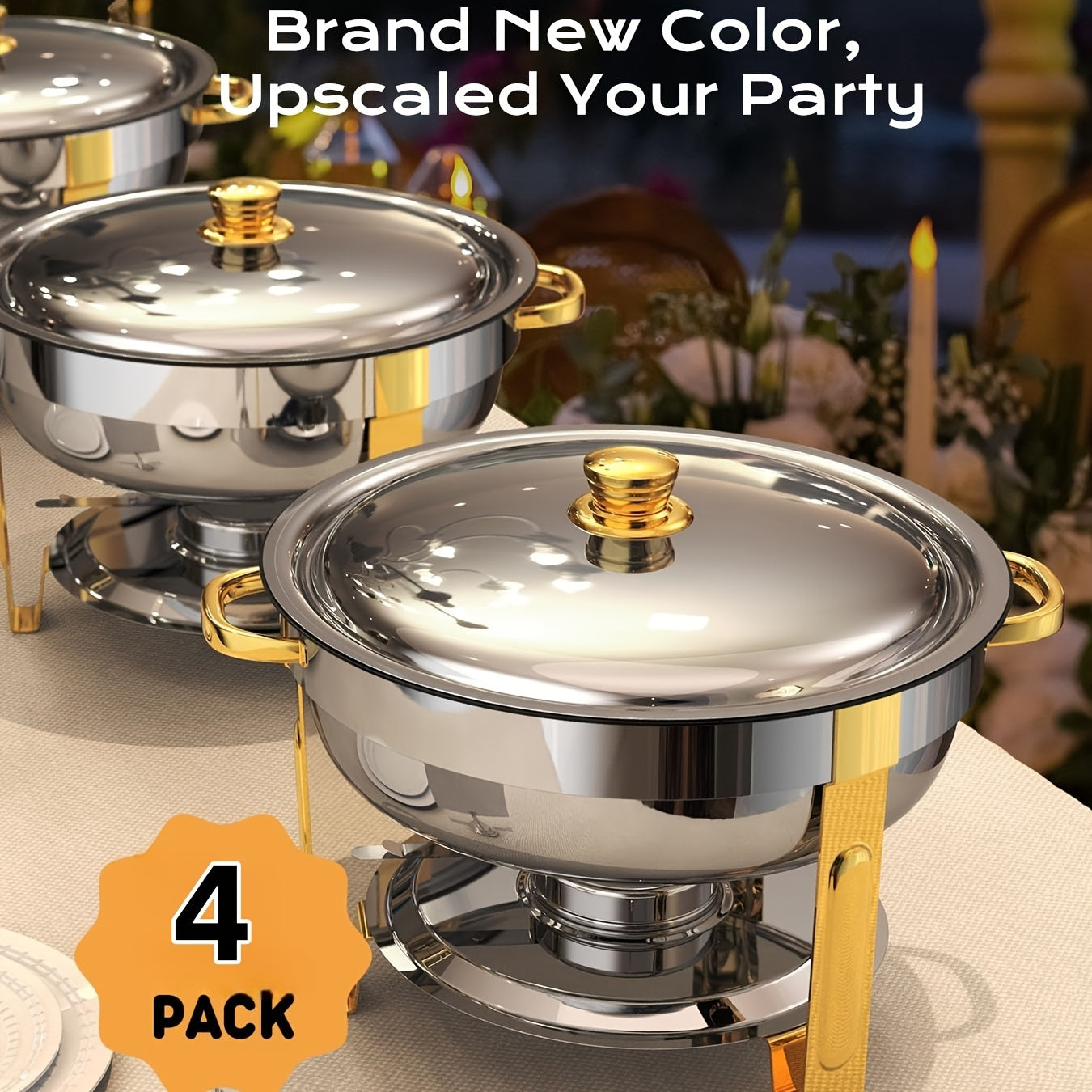 Sophisticated Set of 4 Stainless Steel Chafing Dishes, 5QT - Simple to Assemble, Stylish Gold and Silver Finish Perfect for Parties and Events