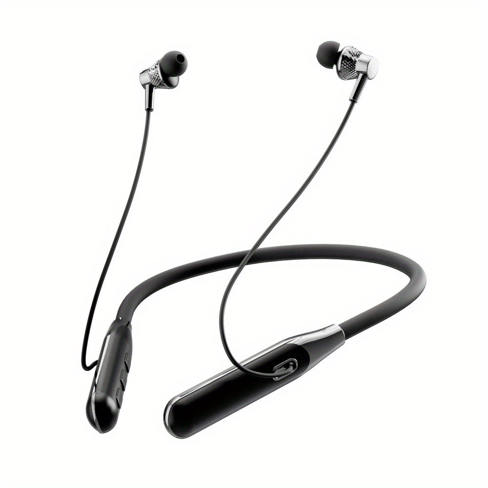 Sleek black wireless neck headphones for running with tangle-free cable, Type-C charging, 12-hour battery life, and adjustable neckband.