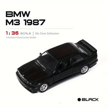 1987 BMW M3 Diecast Model - 1:36 Scale Alloy Toy Car with pull-back action in White/Black, ideal birthday gift for youngsters in winter.