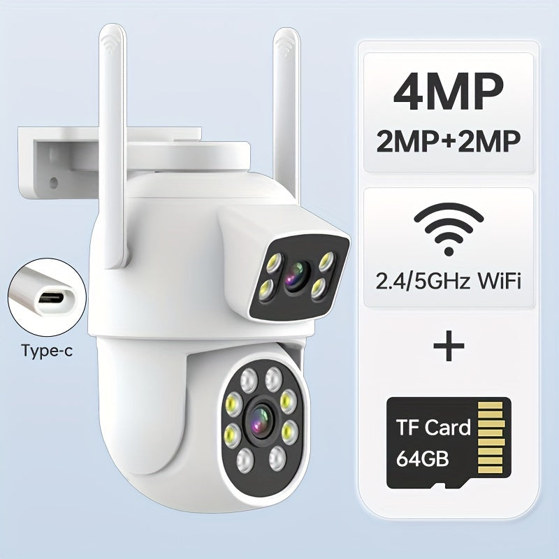 The Zhxinsd Dual Lens 1920P HD WiFi Smart Security Camera features app push notifications, two-way audio, video playback, motion detection, color night vision, and supports both 2.4G and 5G wireless connections. It can be used indoors or outdoors, is USB