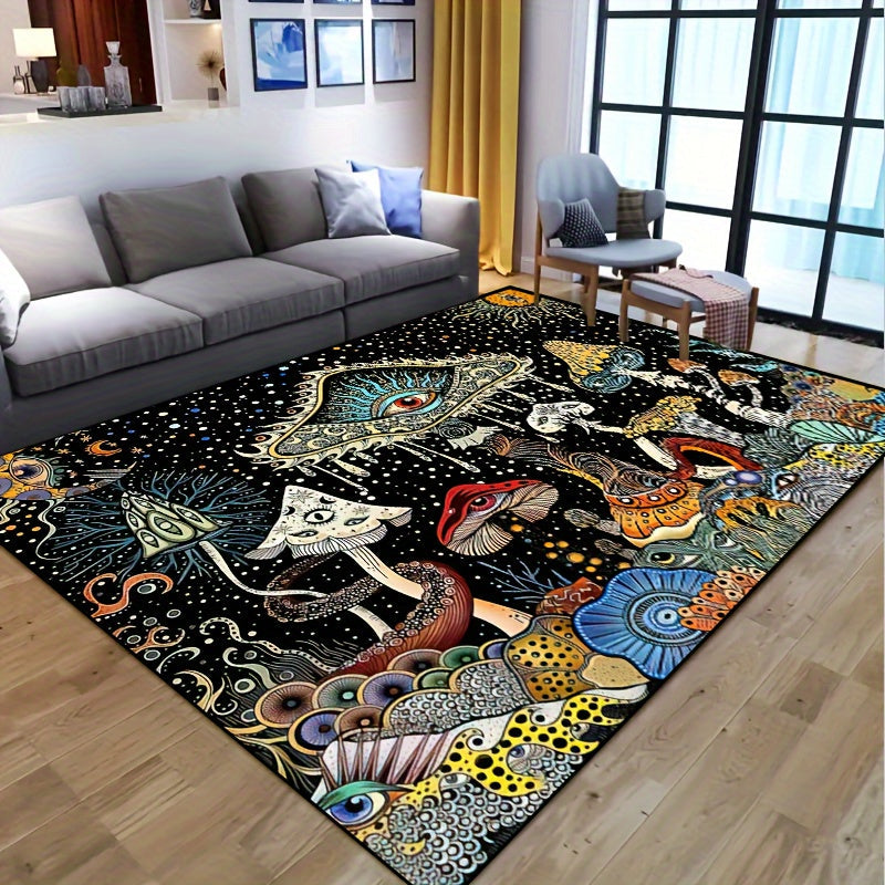 Non-slip, waterproof machine-washable polyester mat featuring a whimsical octopus and mushroom eyes design. Ideal for living room, bedroom, nursery, and outdoor spaces.