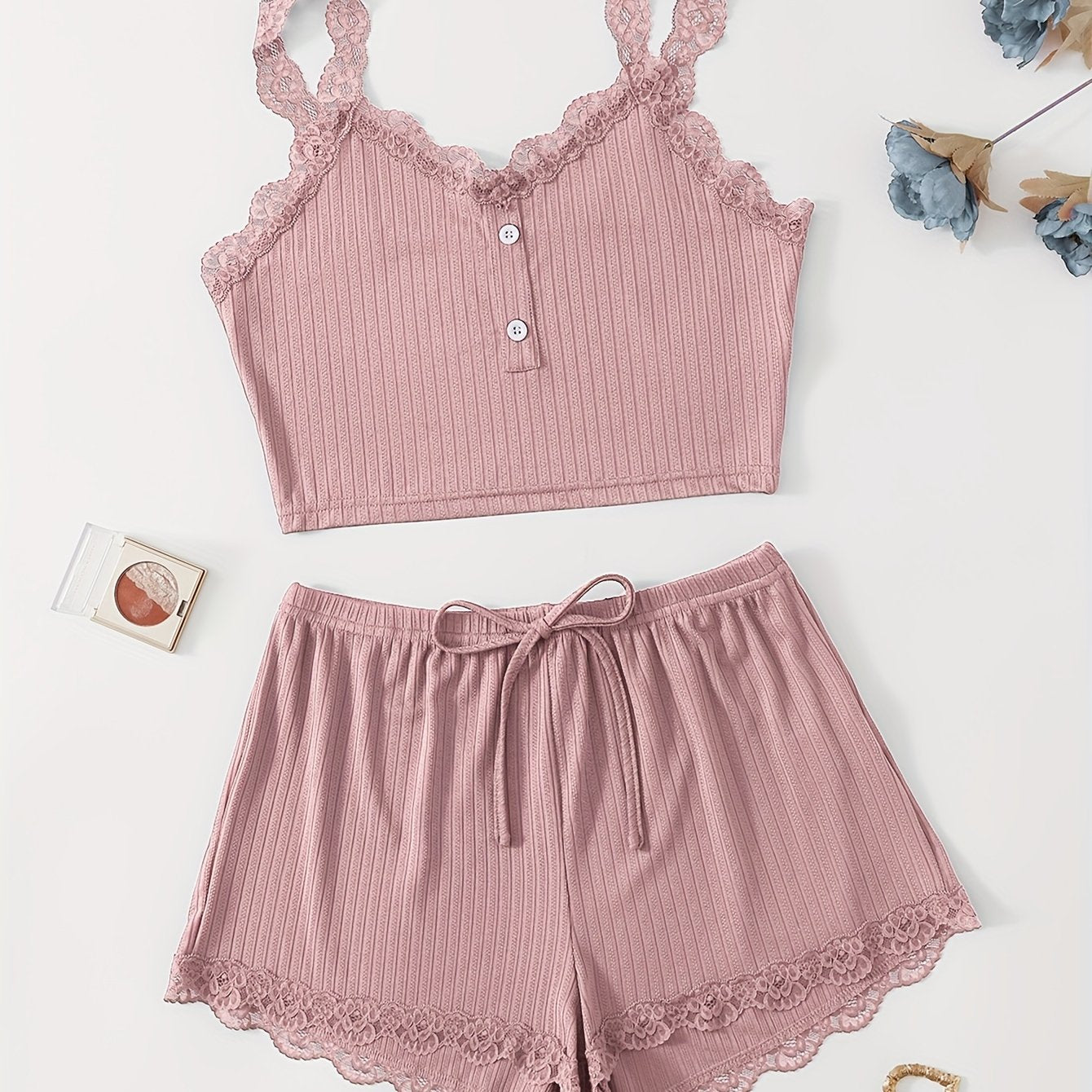 Ribbed lace trim pajama set for women includes a V-neck crop top and shorts with a comfortable fit for summer nights.