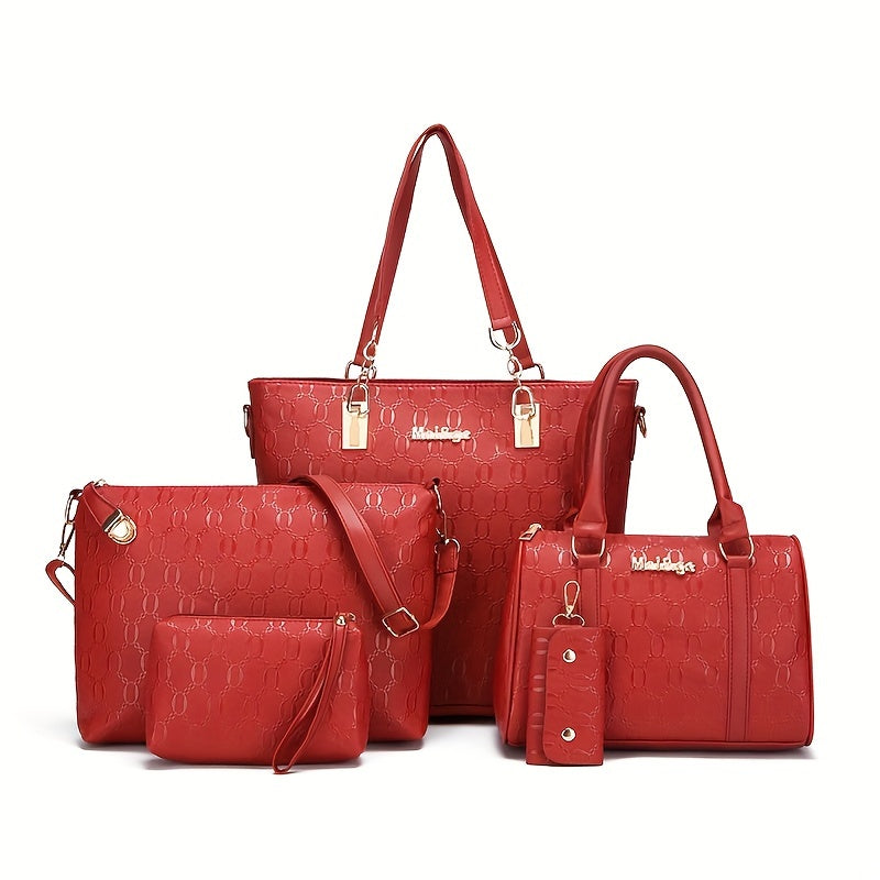 5 piece faux leather handbag set for women, includes tote, satchel, crossbody, shoulder bag, and wallet with detachable strap and zipper closure. Features embossed design and polyester