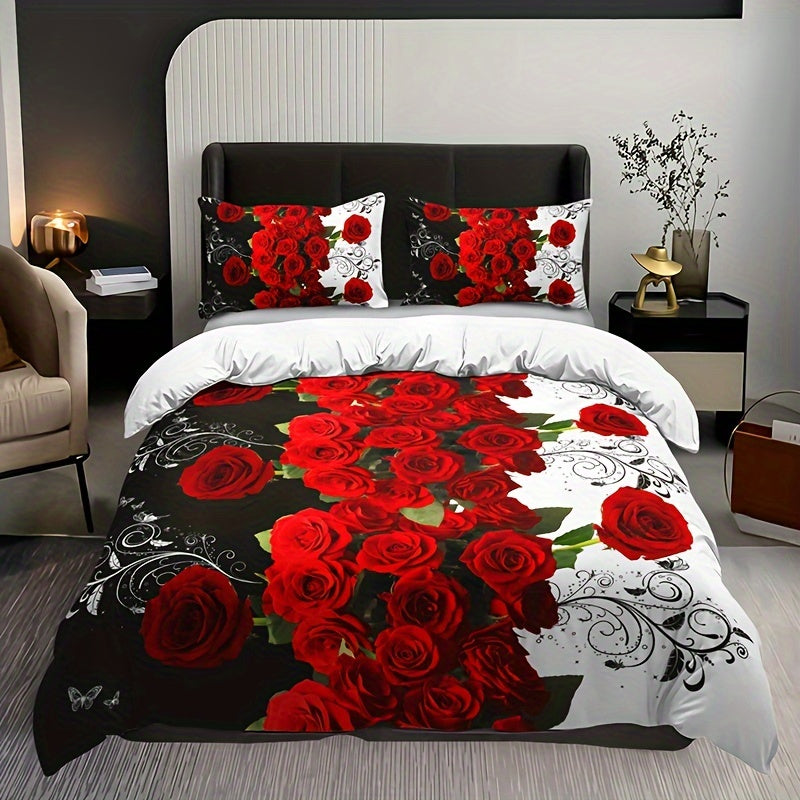 Transform your bedroom with this romantic red rose print bedding set, including 3 pieces - 1 duvet cover and 2 pillowcases. Made of soft and comfortable material, perfect for your bedroom or guest room. Core not included.