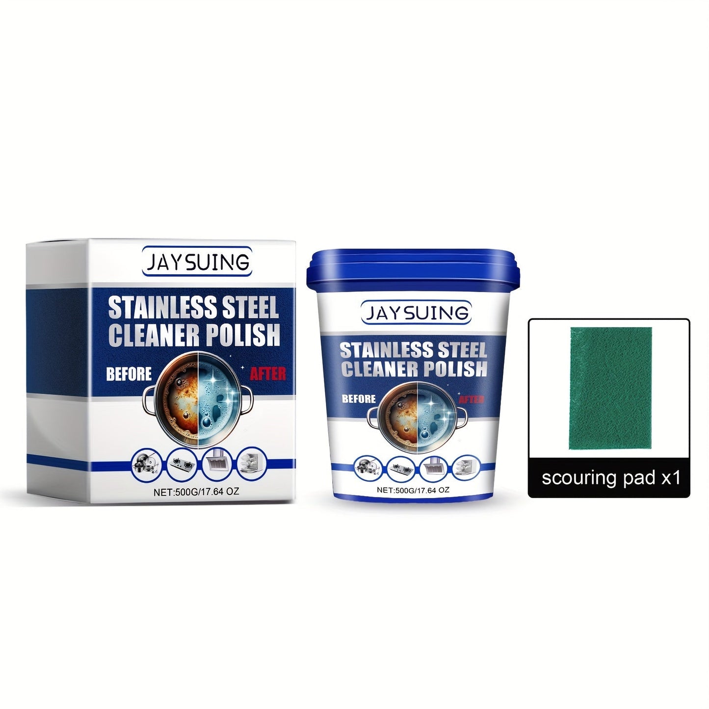 JAYSUNG Stainless Steel Cleaner Paste with Sodium Bicarbonate - Powerful Metal Surface Cleaner for Kitchen Pots and Pans, Rust and Heavy Oil Stain Remover, Low Odor Formula with Scouring Pad Included - 1 Piece