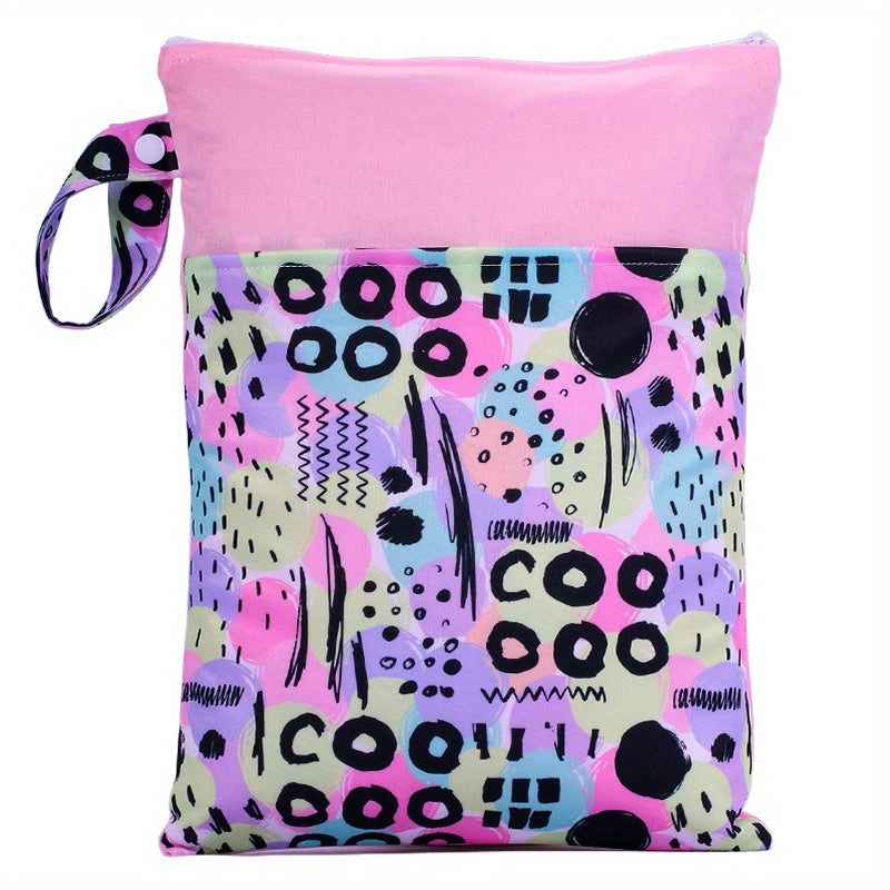 Waterproof multicolor reusable nappies bag with dimensions of 24.99*35.0cm. This wet dry mammy bag features a double pocket, cloth handle, and is a wetbag.