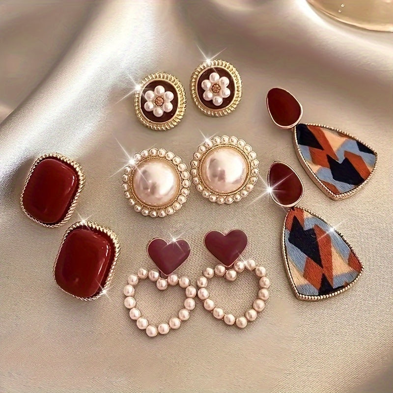 Set of 5 vintage luxury earrings, featuring zinc alloy statement studs and heart-shaped drop earrings with silver ear needles. Elegant jewelry perfect for gifts and special occasions like banquets.