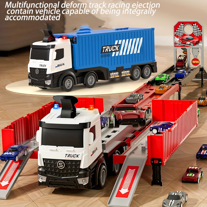 Truck Transporter with Flashing Lights, Launching Race Track, 8 Die-Cast Cars, Battery Powered, Friction Push/Pull-back Operation, Space/Military Themed Playset for Ages 3-6.